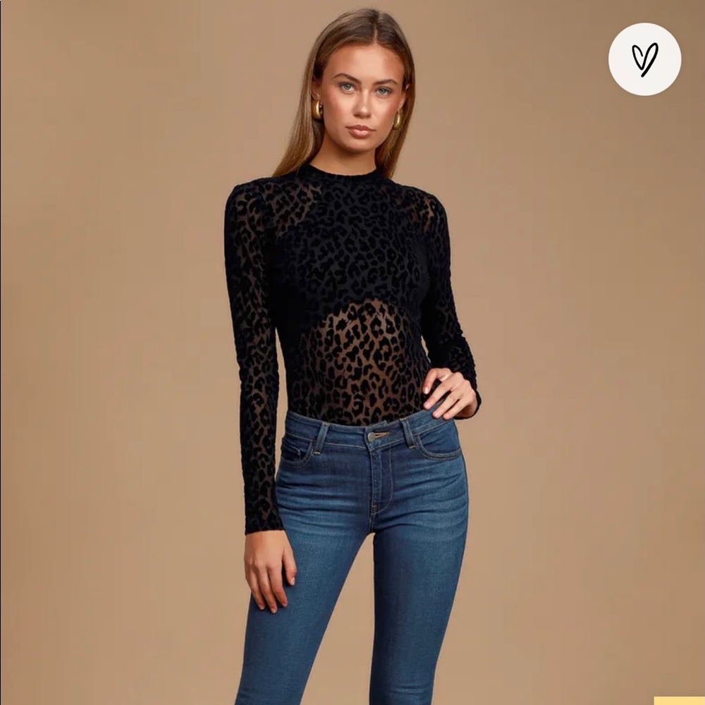 Lulus Black Velvet Leopard Print Long Sleeve Bodysuit large